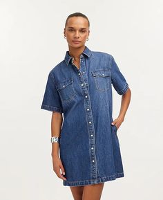 Denim Oversized Short-Sleeve Shirtdress in Santee Wash | Madewell Button Up Tee Dress, Affordable Denim Dress For Fall Workwear, Affordable Denim Button-up Shirt Dress, Affordable Medium Wash Denim Shirt Dress, Denim Short Dresses For Women, Affordable Denim Shirt Dress For Summer, H&m Women Dresses, Chambray Shift Dress, French Wardrobe Basics