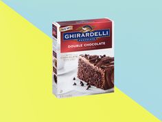 a box of ghirarddelli chocolate cake mix on a blue and yellow background