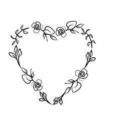 a heart with flowers and leaves drawn in black ink on a white background, the shape is