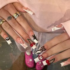 Cherry nails, bow nails, coquette nails, trendy nails I Love Me Nail Design, Yk2 Short Nails, Cherry Nails Long, I Heart Nails, Cherry Bow Nails, Red Nail Designs French Tips, Valentines Day Duck Nails, Square Nails Cherry, Cherry Acrylics