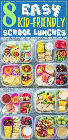 the 8 easy kid - friendly school lunches are packed in plastic containers and ready to be eaten