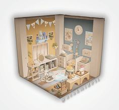 an open cardboard dollhouse with furniture and decor