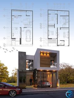 two story house plan with garage and living room on the second floor, three car parking spaces below