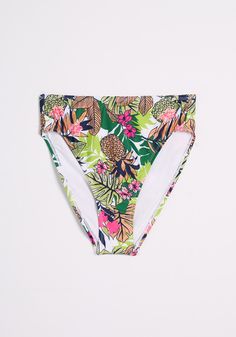 Do you ‘sea’ what we ‘sea?’ You rockin’ these white tropical printed bikini bottoms under the sun at places ranging from a seaside resort to your backyard...wherever works best for you ! Featuring an exclusive, all over tropical-inspired floral print made-up of green monstera leaves and bright fuschia pink flowers that features coral and navy-blue pineapple motifs scattered throughout, this 1990s-esque swim separate is super fun to mix-and-match with. Vivid, throwback features—a high-waisted sil Floral Print Swimwear, Curvy Swim, Resort Outfit, Rainbow Gift, Pineapple Print, Cute Bathing Suits, Tropical Print, Floral Style, Gift Accessories