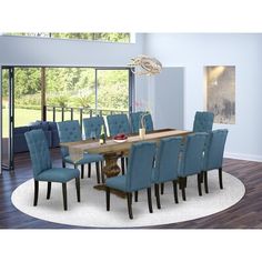 a dining room table with blue chairs around it