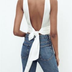 Brand New Zara Open Back Top White Backless Top For Day Out, Backless Top For Spring Date Night, Backless Top For Date Night In Spring, Elegant Backless Top For Day Out, Backless Tops For Date Night In Spring, Chic White Backless Top, White Backless Top For Evening, Elegant Tie Back Top For Brunch, Elegant Tie Back Top For Spring