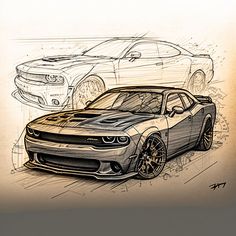 a drawing of two sports cars on a white background with black and gold lines around them