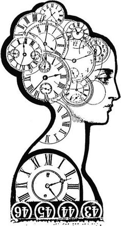 a woman's head with clocks in the shape of her head, as if she was thinking about time