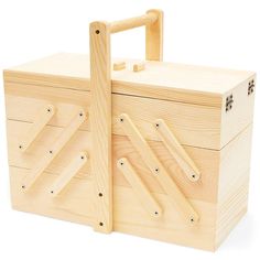 a wooden toy chest with handles and latches