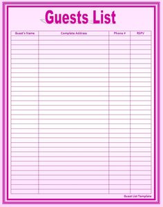 a pink guest list with the words guest list written in red and white on it