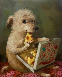 a painting of a dog holding a pizza box