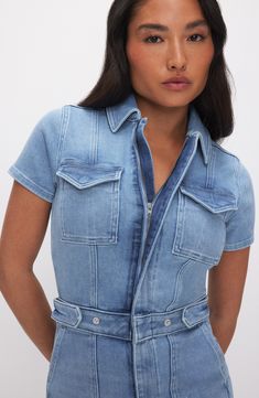 Feel powerful in this stretch-denim jumpsuit with snaps at the waist for a defined look and lots of handy pockets to keep you feeling organized. Front half-zip closure Spread collar Short sleeves Chest flap-patch pockets; front patch pockets; back patch pockets Snap side tabs 72% cotton, 25% recycled cotton, 2% elasterell-p, 1% elastane Machine wash, tumble dry Imported Black Owned/Founded Feel Powerful, Hourglass Silhouette, Body Sculpting, Denim Jumpsuit, Good American, Free Fabric, Second Skin, Recycled Cotton, Snap Button