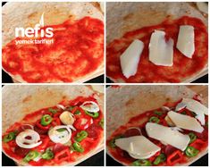 four pictures of different types of pizzas with cheese and sauce on them, including mushrooms