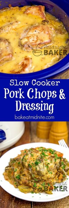 slow cooker pork chops and dressing recipe in a blue casserole dish