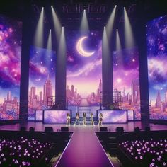 the stage is set up for a show with purple lighting and stars in the sky