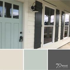 the exterior of a house with gray and white paint colors, including black shutters