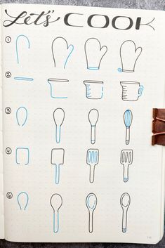 an open notebook with various kitchen utensils drawn on it's cover and the words let's cook written in blue ink