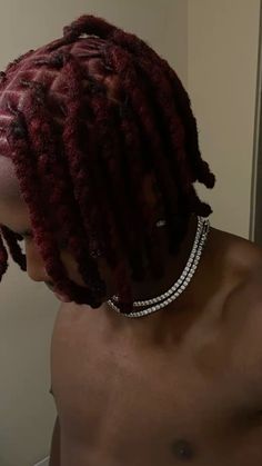 red locs Dark Red Hair Male, Dark Red Hair Men, Dark Red Locs, Feminine Locs, Burgundy Dreads, Burgundy Locs, Crimson Red Hair