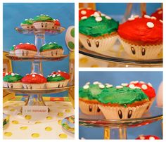 cupcakes with green, red and white frosting are displayed on three tiered trays