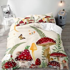 a bed with mushrooms and plants on it