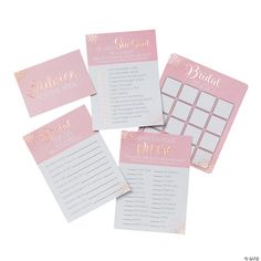 four pink and gold wedding games with matching cards on top of each other, including the names