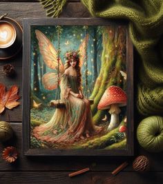 a painting of a fairy sitting on a swing in the forest with mushrooms and candles