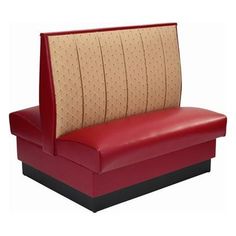 a red and tan couch with two pillows on it's headrests that are facing each other