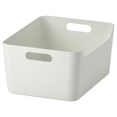 a white plastic storage box with handles on the front and bottom, shown from the side