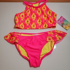 Freestyle Revolution Pink Yellow 2 Piece Bathing Suit Swim Suit Highlighter Yellow Triangles, Geometric Shapes Racerback Tank Sleeveless Bikini Long Crop Top Shimmer, Sparkle, Glitter Cute Yellow Fitted Swimwear, Cute Fitted Yellow Swimwear, Yellow Swimwear For Spring Playwear, Yellow Recreational Swimwear For Spring, Girls Tie, 2 Piece Swimsuits, Tankini Swimsuits, Long Crop Top, Kids Swimming