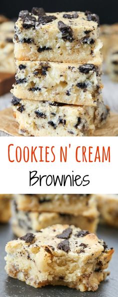 cookies'n cream brownies are stacked on top of each other with chocolate chips