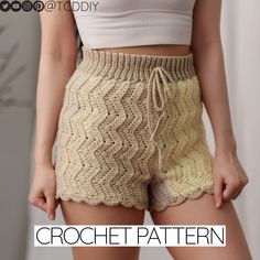 there is a woman wearing shorts with crochet on the bottom, and text overlay that says crochet pattern