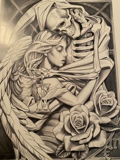 a drawing of a skeleton holding a woman in her arms with roses on the side