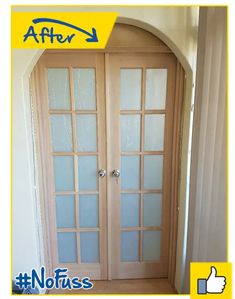 the before and after photo shows an arched door with frosted glass panels on it