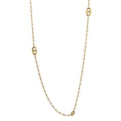 The Hermès Chaîne d'Ancre Yellow Gold Sautoir Necklace is a timeless and versatile piece of jewelry that epitomizes the brand's dedication to luxury and craftsmanship. Measuring 31.5 inches in length, this elegant necklace can be worn either long or doubled up, offering flexibility to suit different styles and occasions. Crafted from luxurious 18k yellow gold, the necklace features the iconic Chaîne d'Ancre links, a design that has become synonymous with Hermès since its creation in 1938. The Chaîne d'Ancre design is inspired by the shape of anchor chains, symbolizing strength and nautical elegance. Each link is meticulously crafted to ensure a smooth, polished finish that reflects light beautifully, adding a touch of brilliance to the wearer. The necklace's substantial length allows it to Anchor Chains, Hermes Necklace, Hermes Jewelry, Modernist Ring, Stockholm Style, Elegant Necklace, Stockholm Fashion, Evening Outfits, Iconic Design