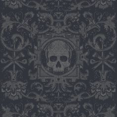 a skull and crossbones on a black background with an ornate frame in the middle