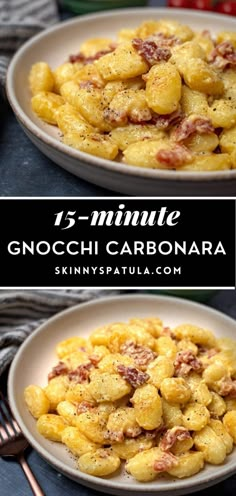 two plates filled with gnocchini carbonara and topped with bacon on top