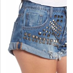 Phenomenal Texture And Sooo Freakin Hawt! Sold Out And Rare! These Have Lost A Few Studs On Their Fashion Journey But That Only Adds To Their Edginess! Teaspoon Shorts, One Teaspoon Shorts, Studded Denim, One Teaspoon, Silver Blue, Blue And Silver, Jean Shorts, Lost, Womens Shorts