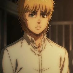 an anime character with blonde hair and blue eyes looks at the camera while wearing a white shirt