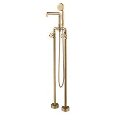 a gold colored shower faucet with two handset and hand held shower head