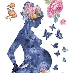 a pregnant woman surrounded by butterflies and flowers