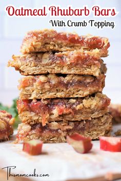 stacked oatmeal rhubar bars with crumb topping