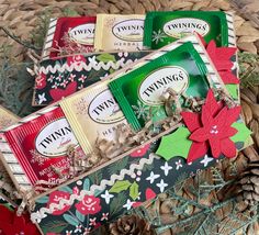 Brrr, it's cold outside! Keep your loved one warm and cozy with these holiday tea favors. Each tea favor contains 3 holiday festive teas. - "Gingerbread Joy" black English tea with notes of ginger and cinnamon.  - "Christmas Tea" black English tea, savory and sweet with notes of clove and cinnamon. - "Peppermint Cheer" herbal English tea, smooth with notes of vanilla and peppermint. They would make a wonderful stocking stuffer or a quick gift and thoughtful gift to have on hand for anyone in your life!  We made the packaging by hand. It's covered in beautiful card stock and decorated with ric rak and a hand embossed poinsettia with mini pink rhinestones.  Measures 3.5x6"  They are ready to be shipped! Please reach out for any questions or concerns. Custom orders are very welcomed! Cinnamon Christmas, Drink Packaging, Mini Pink, English Tea, Gift Tea