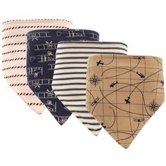 three bibs with different designs on them