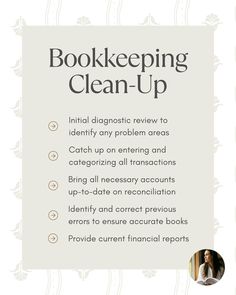 the bookkeepering clean - up flyer is shown with an image of a woman's face