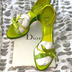 Vintage Authentic Diorlita Vert Moyen Leather And Cotton Fabric Bow Strappy Heel Wedge With Ankle Strap And Woven Fabric On Heel In Euc Bought Org From Saks Size 40-(9-10comes With Box And Dust Bag Luxury Yellow Heels For Summer, Luxury Yellow Summer Heels, Chic Yellow Wedge Sandals For Party, Designer Yellow Summer Heels, Designer Yellow Heels For Summer, Green Leather Wedge Sandals For Parties, Designer Green Heels For Spring, Yellow Wedge Heels With Heel Strap, Dior Green