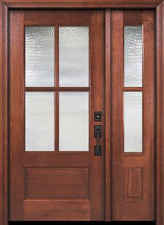 a wooden door with two sidelights and glass panels on the top part of it