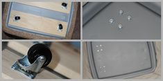 four pictures showing different parts of a table and the top part with screws on it