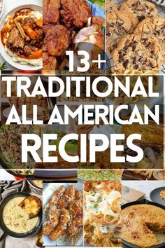 the cover of 13 traditional american recipes, including meats and other foods in pans