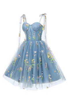 tie shoulders blue floral A-line short homecoming dress party dress #homecoming2023 Light Blue Dress With Corset Back And Fitted Bodice, Blue Tulle Dresses With Corset Back, Blue Tulle Dress With Spaghetti Straps, Sleeveless Spring Corset Dress For Homecoming, Blue Tulle Dress With Boned Bodice, Blue Dress With Sweetheart Neckline And Lace-up Back, Blue Dresses With Lace-up Back And Sweetheart Neckline, Blue Dress With Lace-up Back And Sweetheart Neckline, Summer Blue Dress With Boned Bodice