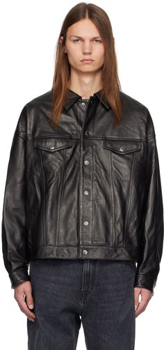 Grained lambskin leather jacket. · Spread collar · Button closure · Flap and welt pockets · Cropped hem · Dropped shoulders · Single-button barrel cuffs · Adjustable button tabs at back hem · Welt pockets at interior · Logo-woven nylon satin lining · Logo-engraved gunmetal hardware Supplier color: Black Classic Leather Jacket With Button-up And Flap Pockets, Classic Leather Biker Jacket With Buttons, Classic Leather Outerwear With Button Cuffs, Classic Leather Jacket With Button Cuffs For Fall, Classic Biker Jacket With Button Closure For Work, Leather Jacket With Button Cuffs And Long Sleeves, Classic Biker Jacket For Workwear, Classic Leather Jacket With Button Cuffs, Luxury Button-up Leather Jacket With Button Closure